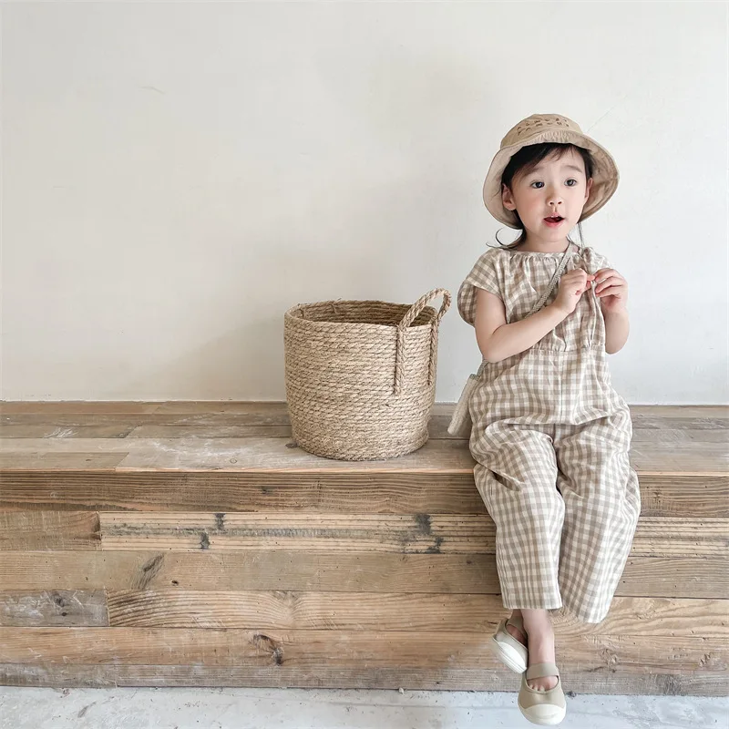 Bebek Kız Ekose Tulum Çocuklar - Baby Summer Linen Sleeveless Jumpsuit incelemesi ve fiyatı